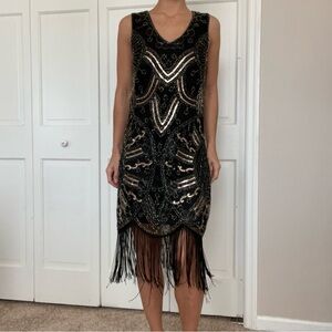 Black and Gold Starburst Flapper beaded drop waist dress